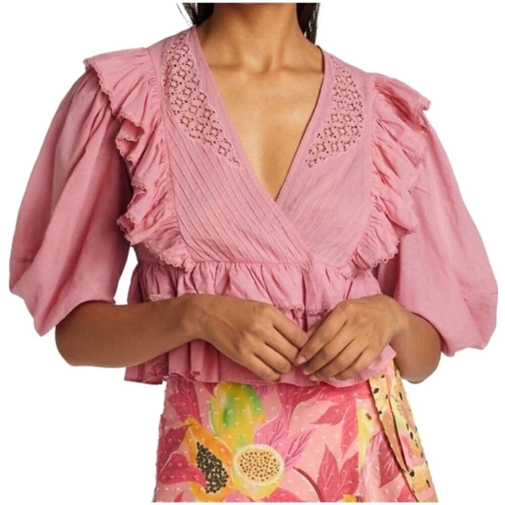 Farm Rio Blush Pink Puff Sleeve V-Neck Cropped Bohemian Blouse Size XS